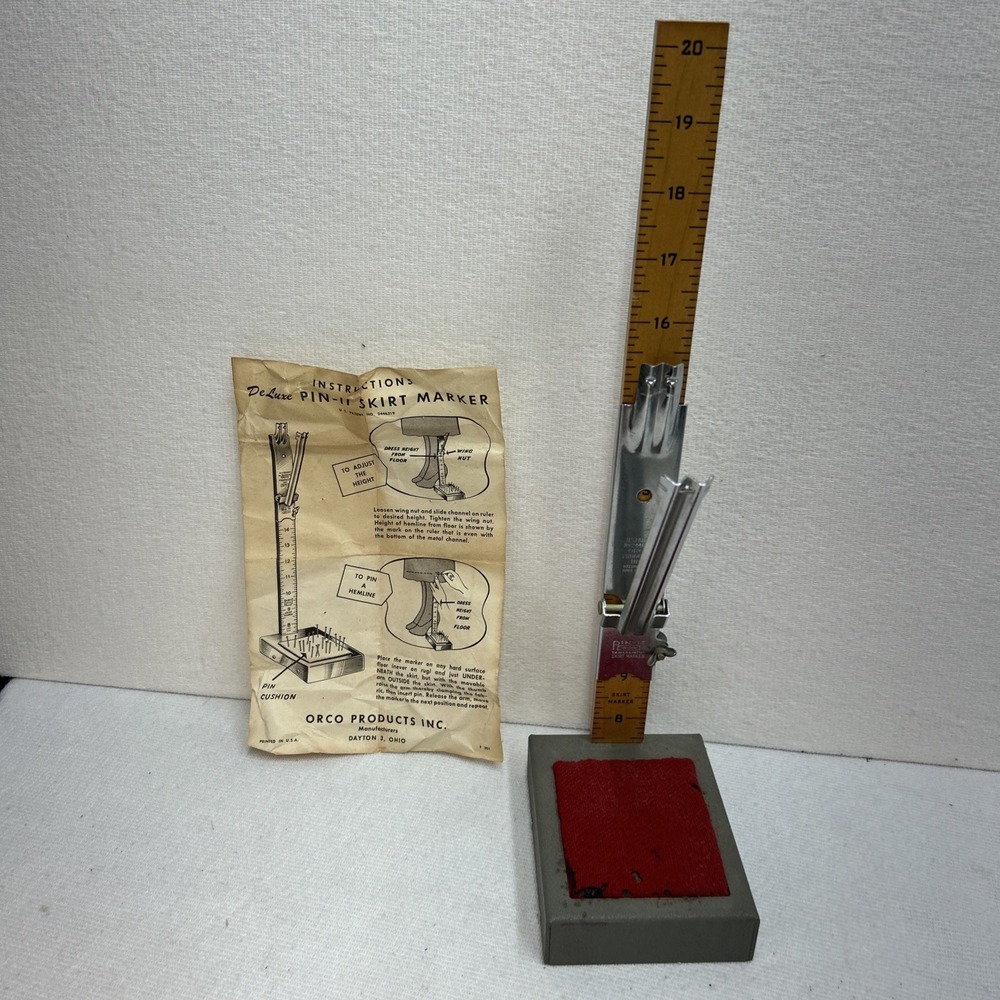 Vintage PIN-IT Skirt Marker De Luxe ORCO USA Sewing Hem Tool 18" Pin Cushion
